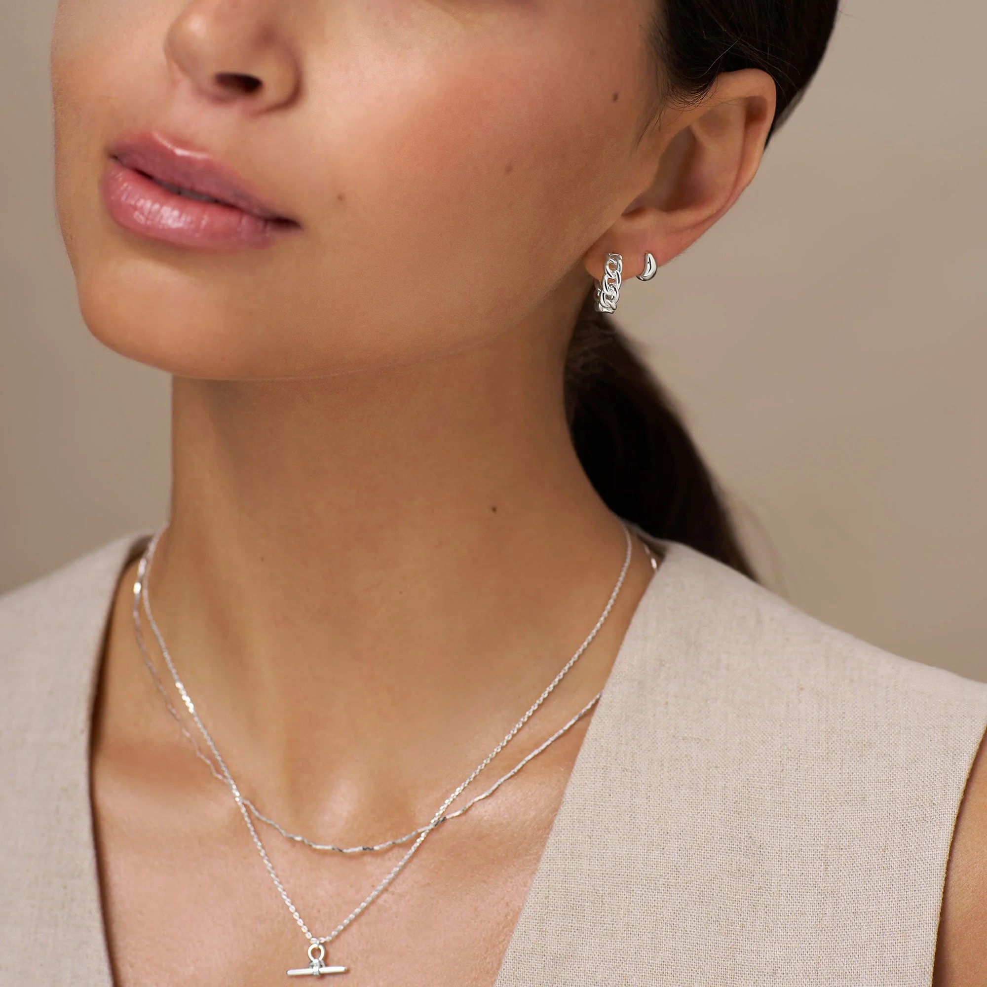 Chain Huggie Hoop Earrings - Silver - Image 2
