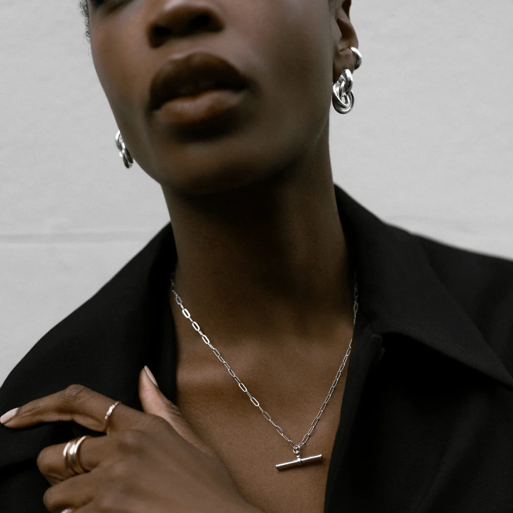 Chunky T-Bar Mid Length Necklace - Silver - Image 2