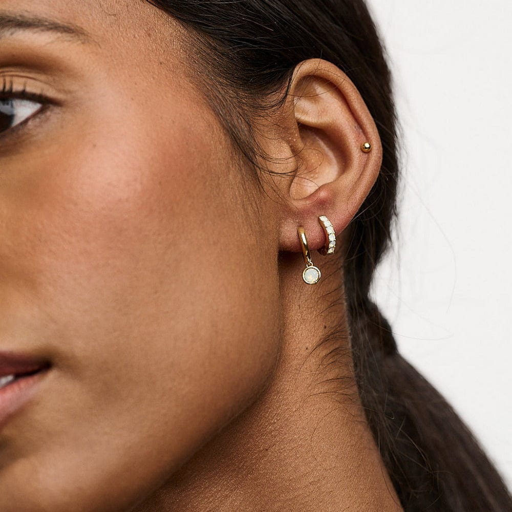 White Opal Drop Huggie Hoop Earrings Made With Swarovski® Crystals - Gold - Image 3