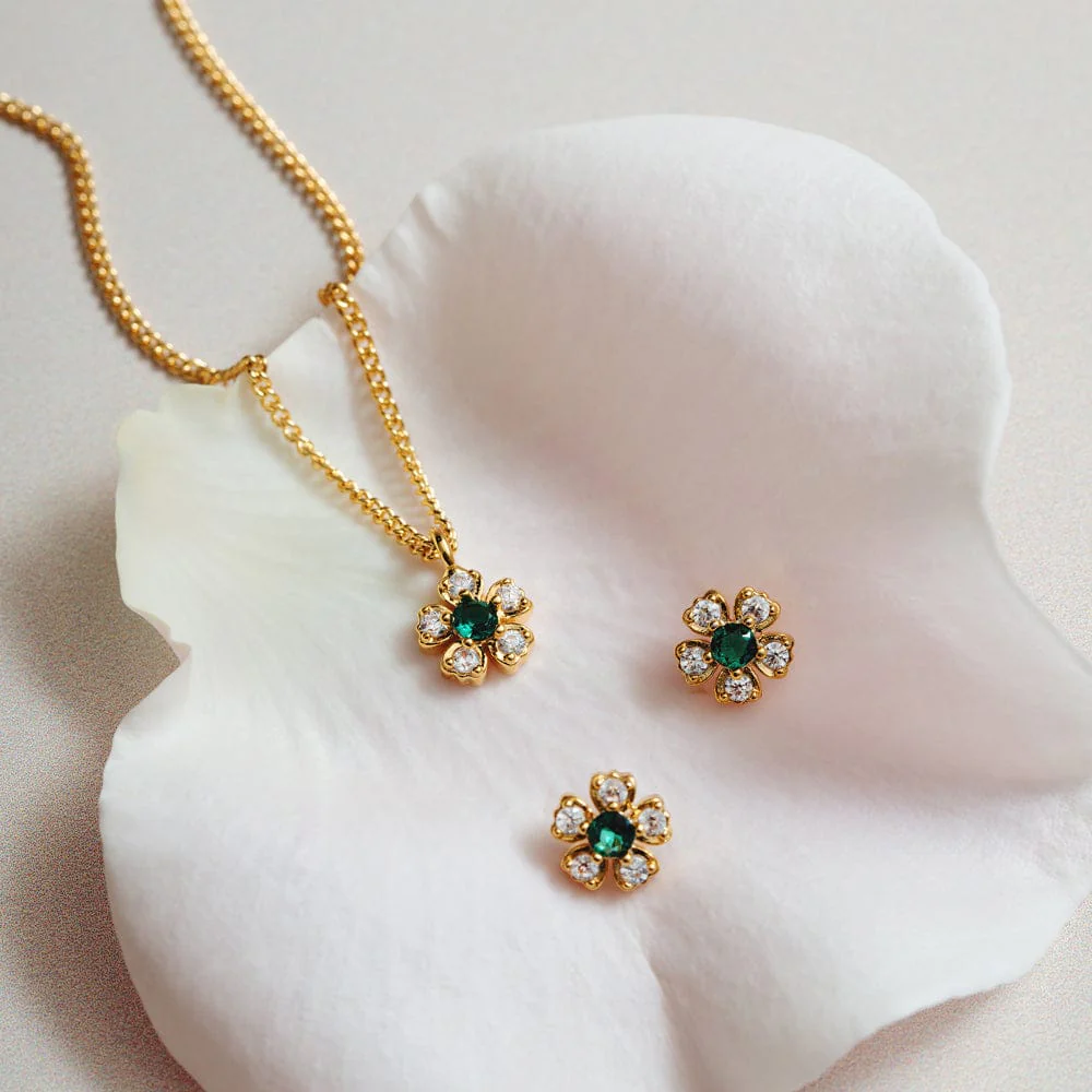 Crystal & Emerald Flower Charm Necklace - Image 4