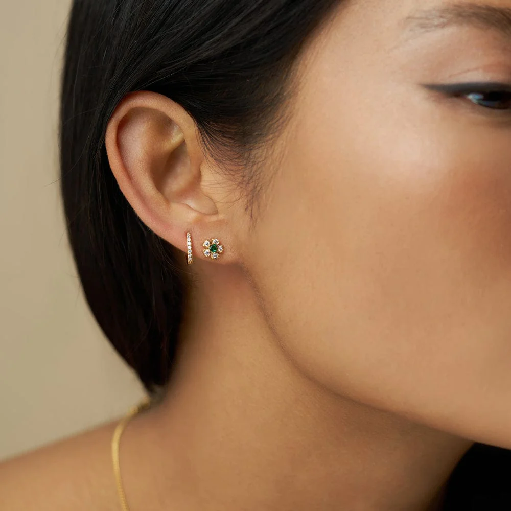 Crystal & Emerald Flower Stud Earrings - Image 2