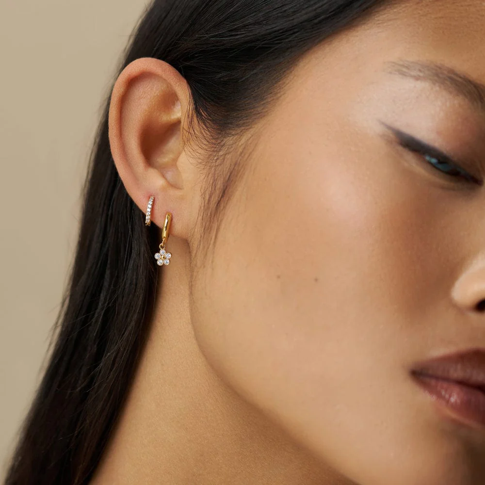 Crystal Flower Drop Huggie Hoop Earrings - Image 2