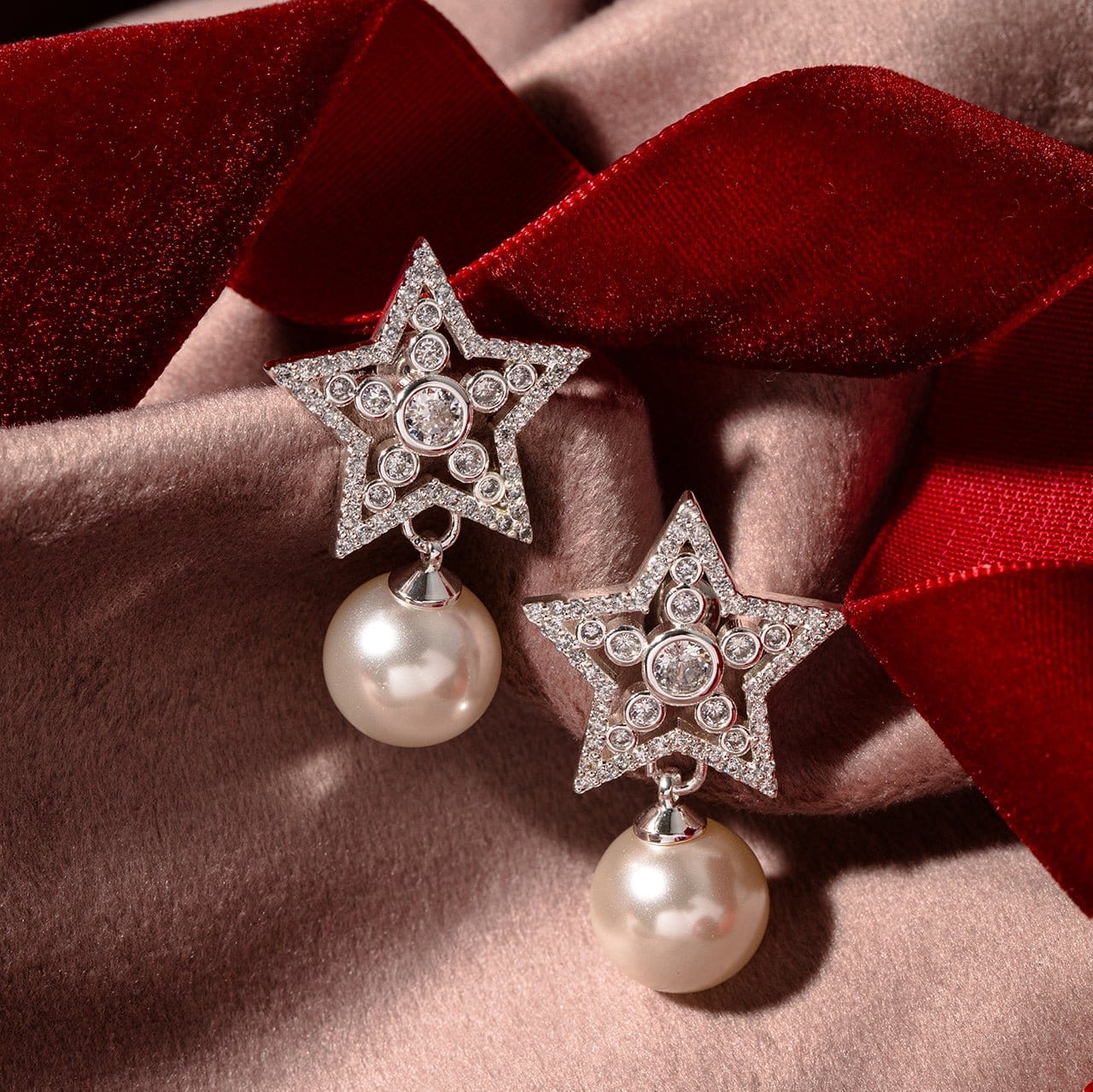 Crystal Star & Pearl Drop Earrings - Image 3
