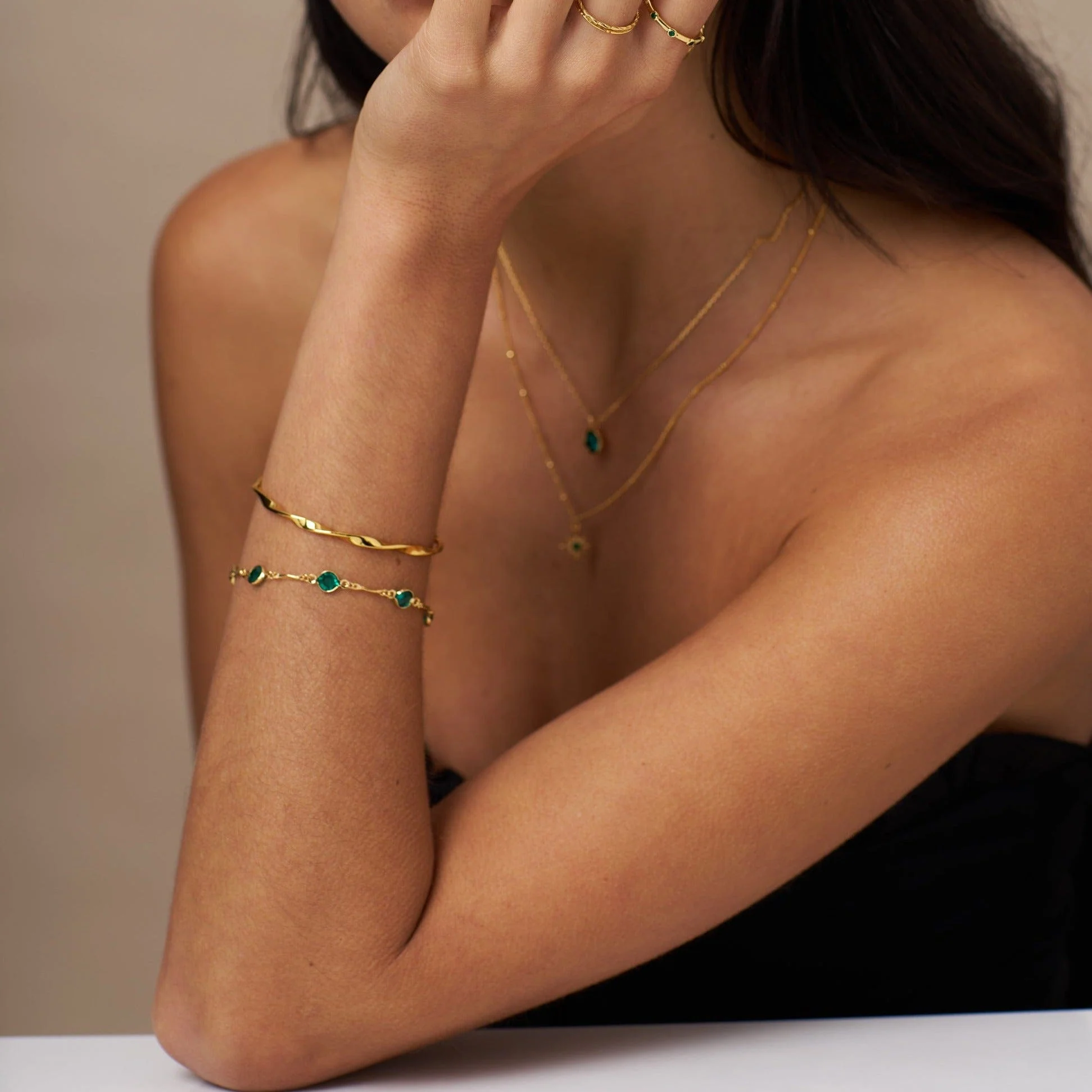 Emerald & Bar Link Chain Bracelet - Image 2