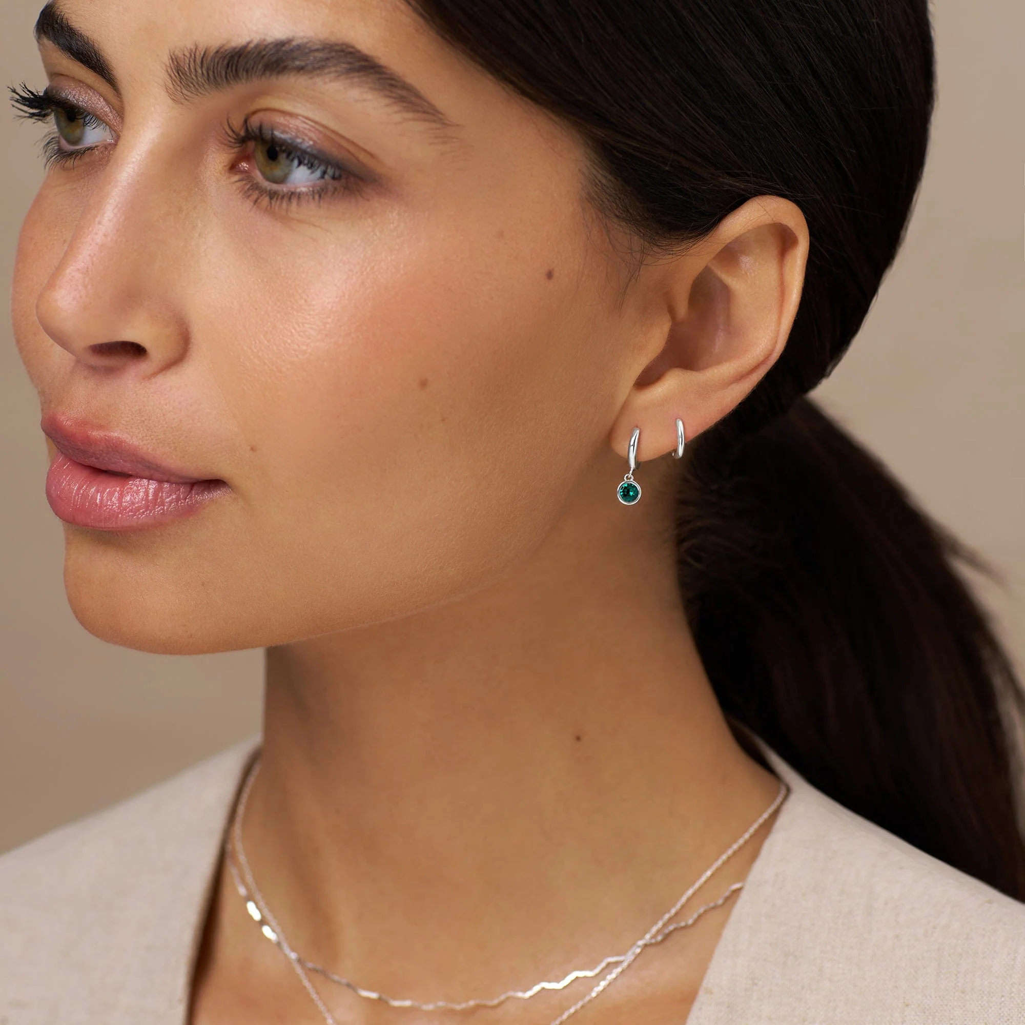 Emerald Drop Huggie Hoop Earrings Made With Swarovski® Crystals - Silver - Image 2