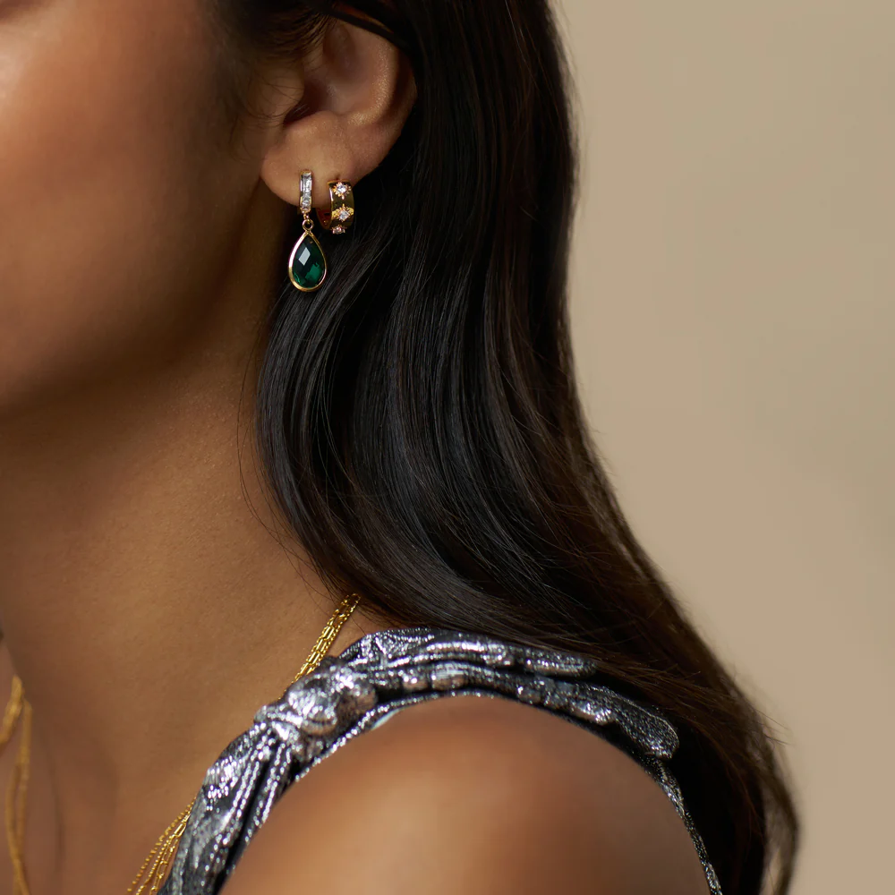 Emerald Teardrop Mini Micro Hoop Earrings - Image 2