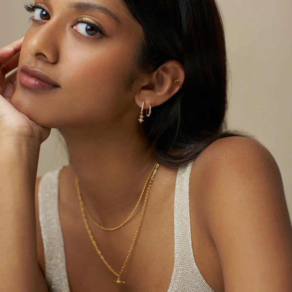 Fine Pavé & Star Stationed Huggie Hoop Earrings - Image 2