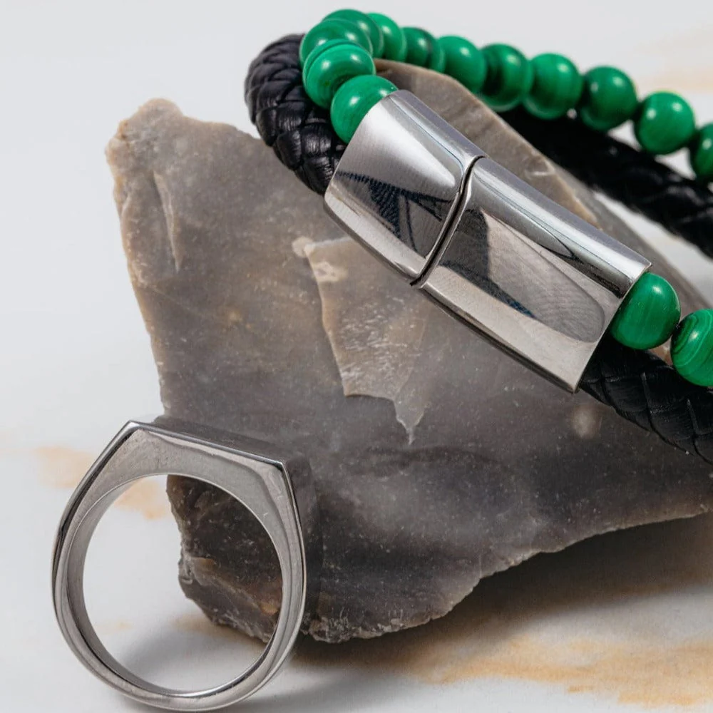 Leather & Malachite Bead 2-Row Bracelet - Image 4