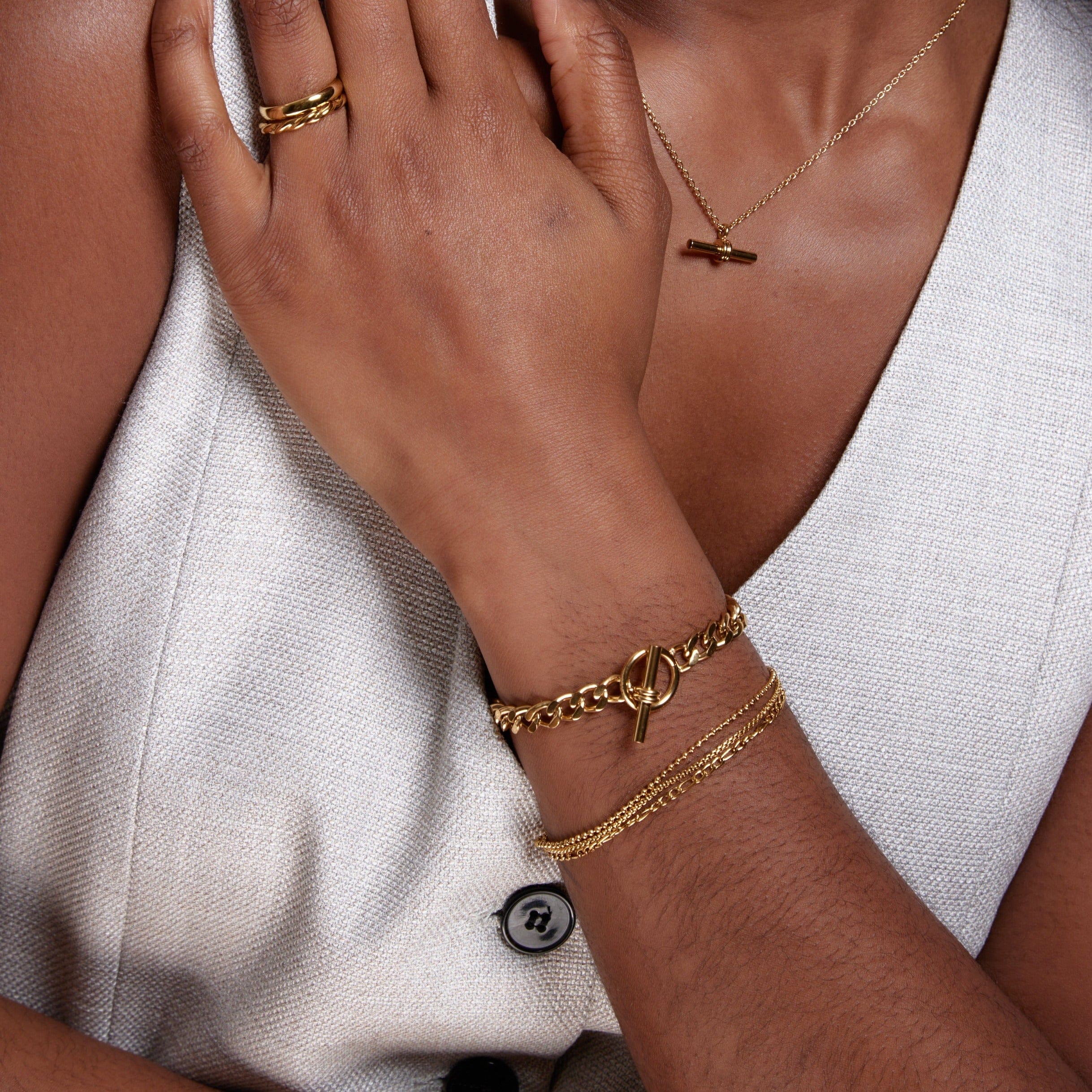 LUXE Flat Curb T-Bar Bracelet - Gold - Image 2