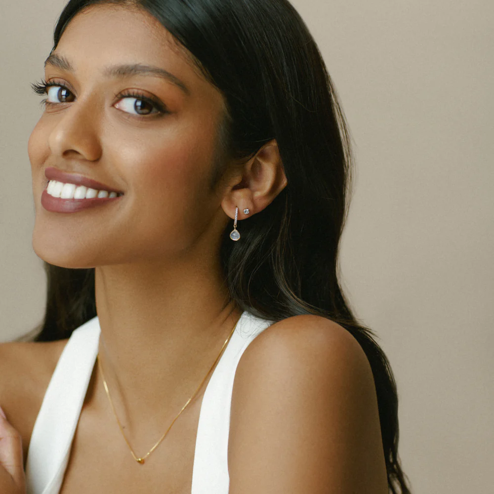 LUXE Pavé & Moonstone Huggie Hoop Earrings - Image 2