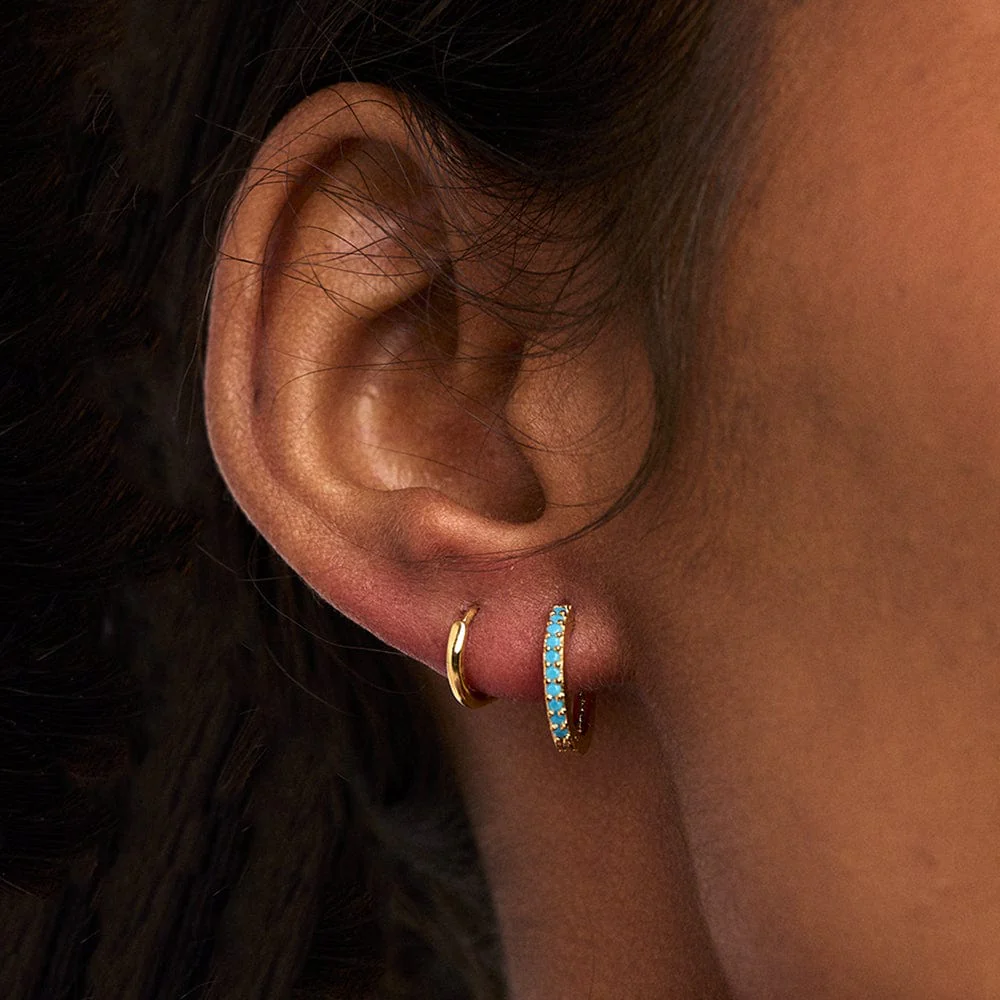 Mini Turquoise Pavé Huggie Hoop Earrings - Gold - Image 3