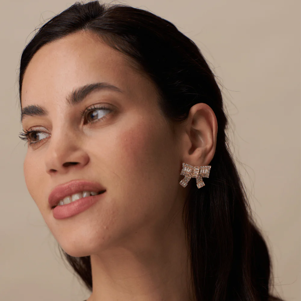 Pave Baguette Embellished Bow Earrings - Image 2