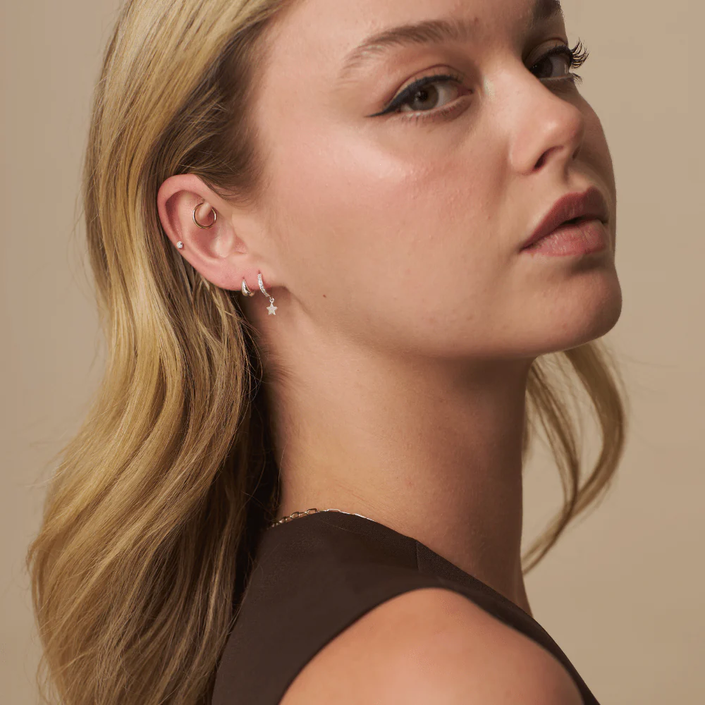 Pavé Mini Micro Star Drop Hoop Earrings Silver - Image 2