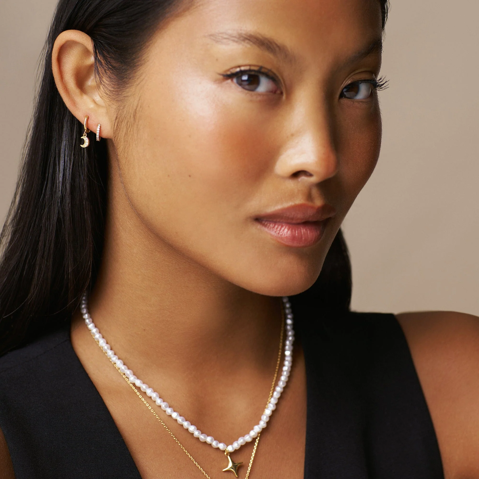 Pave Moon Charm Micro Hoop Earrings - Image 2