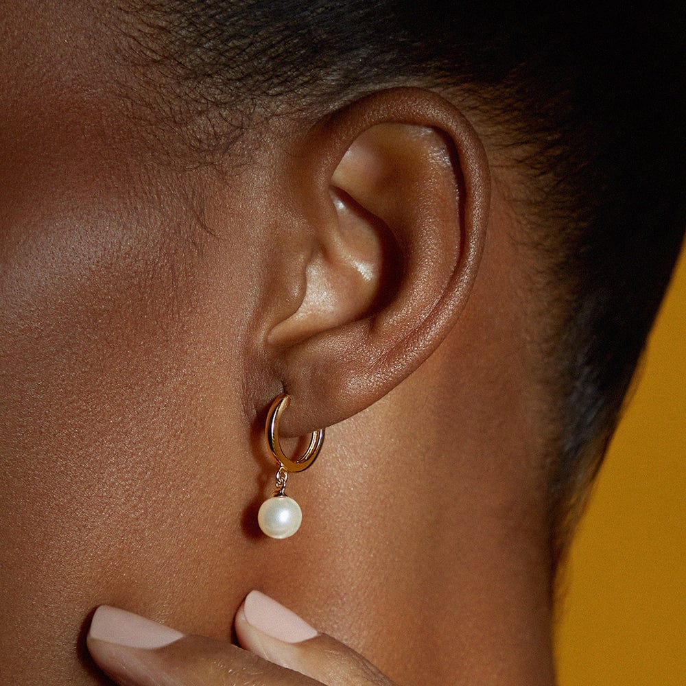 Pearl Drop Huggie Hoop Earrings - Gold - Image 3