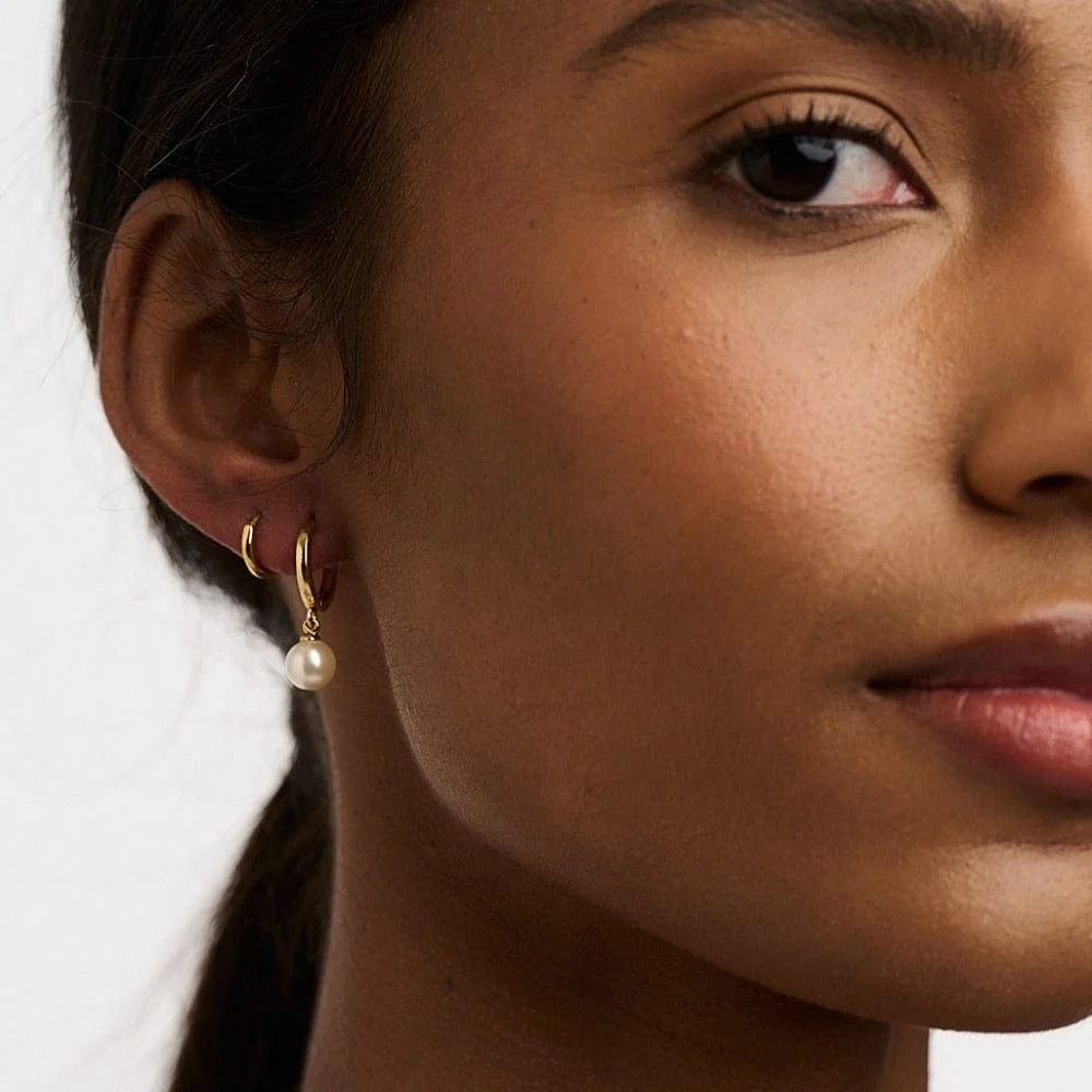 Pearl Drop Huggie Hoop Earrings - Gold - Image 5