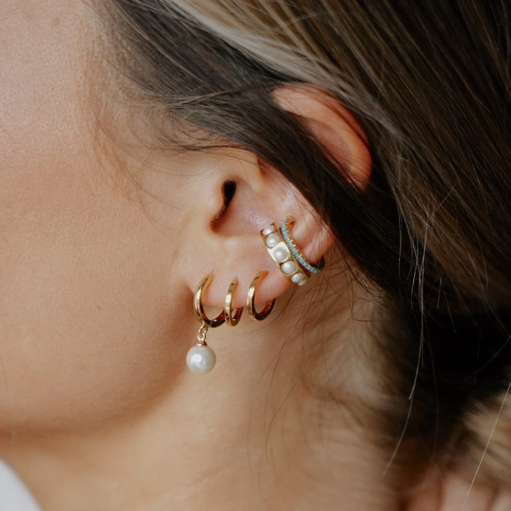 Pearl Drop Huggie Hoop Earrings - Gold - Image 6
