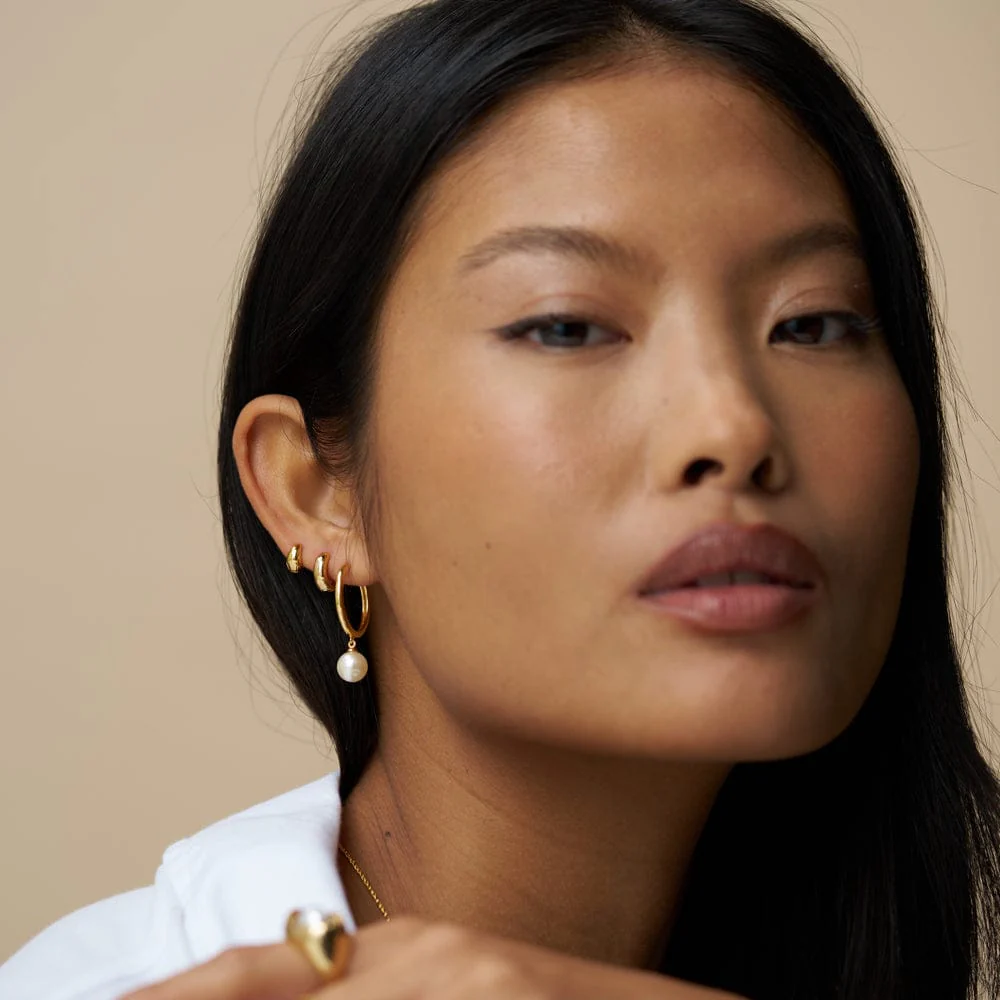 Pearl Drop Mid-Size Hoop Earrings - Image 2
