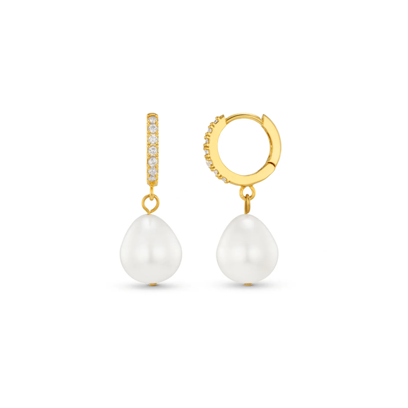 Pearl Drop Pavé Huggie Hoop Earrings - Gold - Image 5