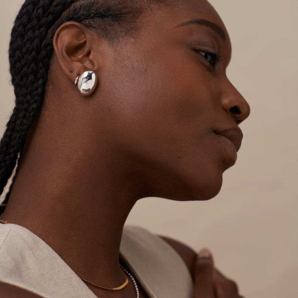 Polished Domed Oval Stud Earrings - Silver - Image 2