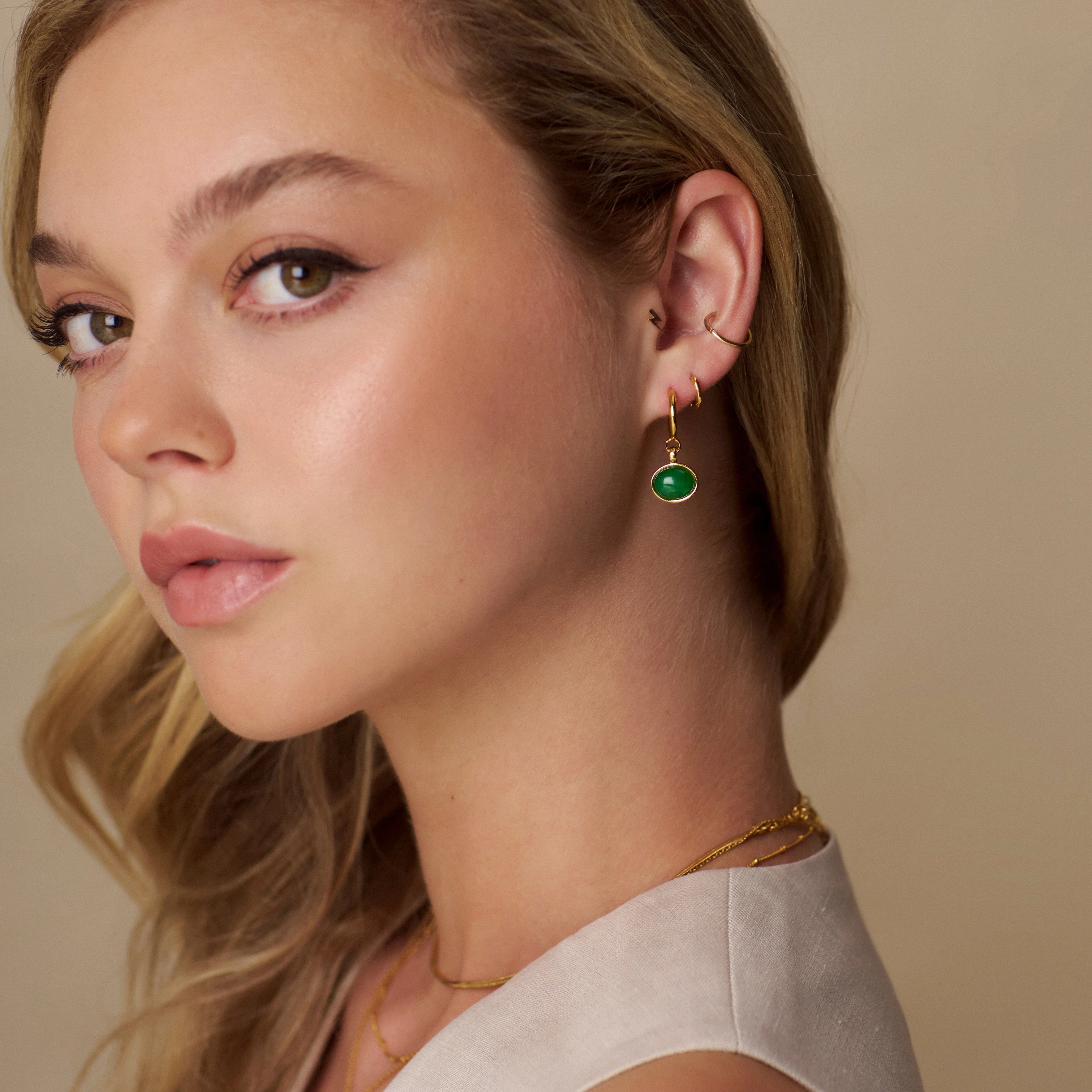 Semi-Precious Green Jade Drop Hoop Earrings - Image 2
