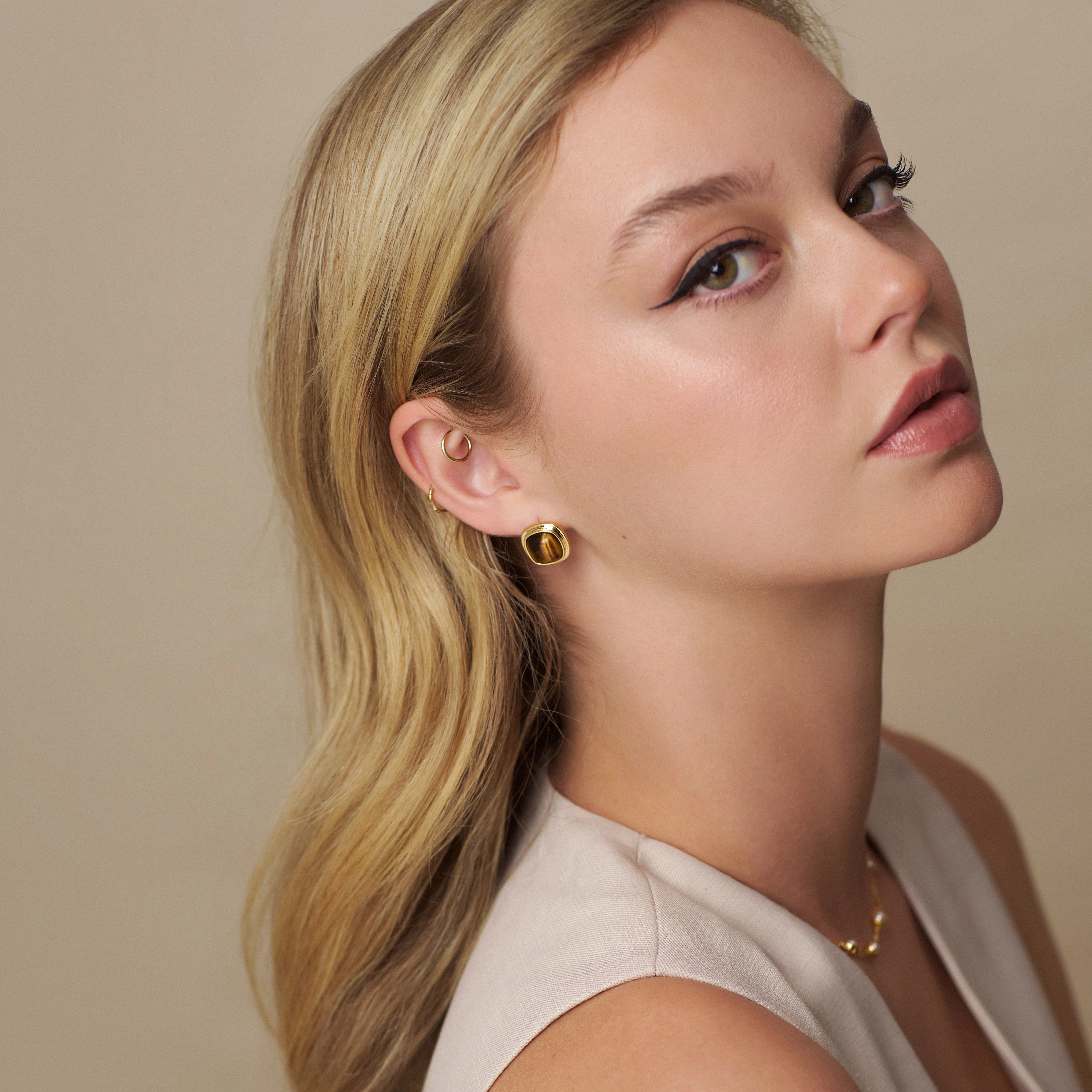 Semi-Precious Tiger's Eye Square Stud Earrings - Image 2