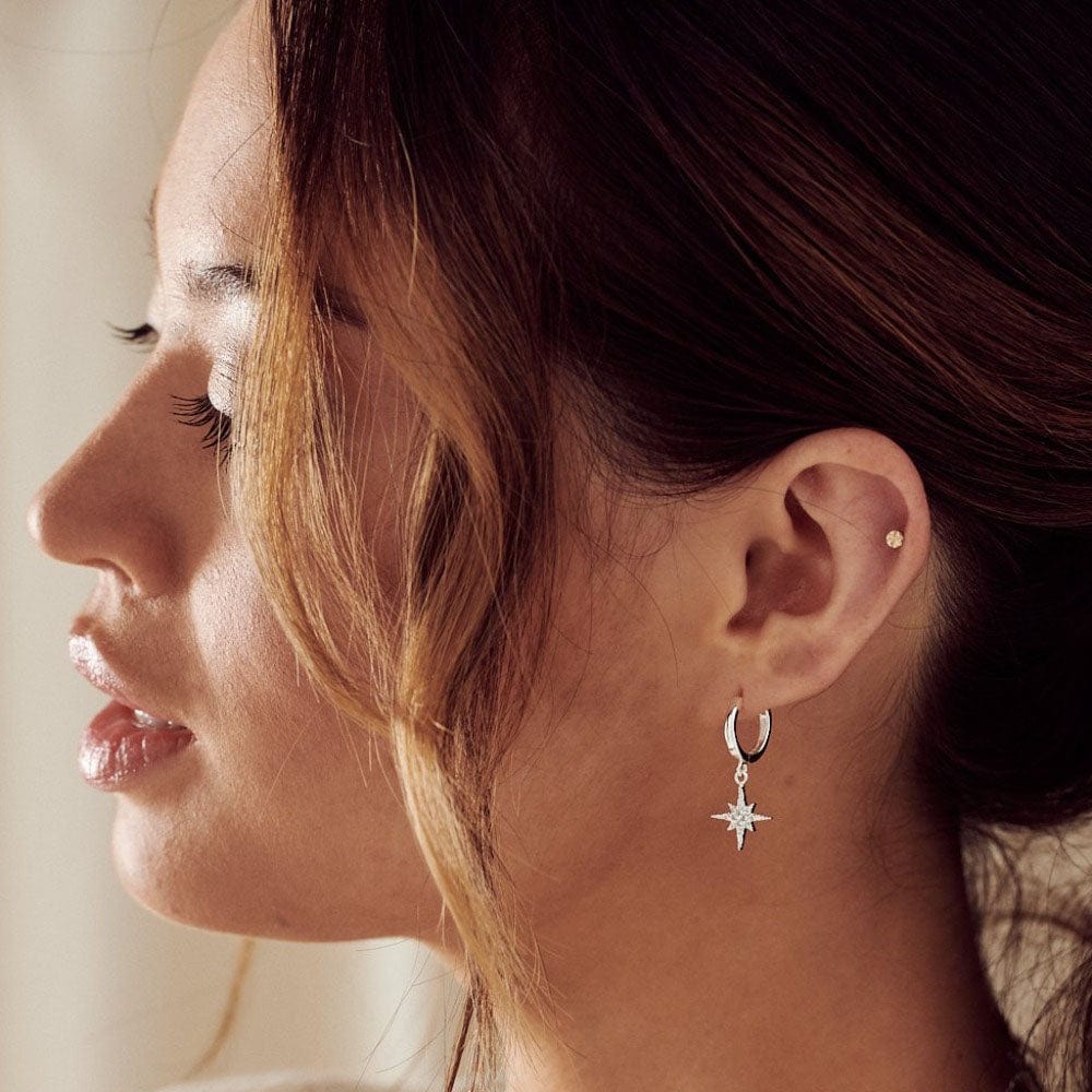 Starburst Huggie Hoop Earrings - Silver - Image 2