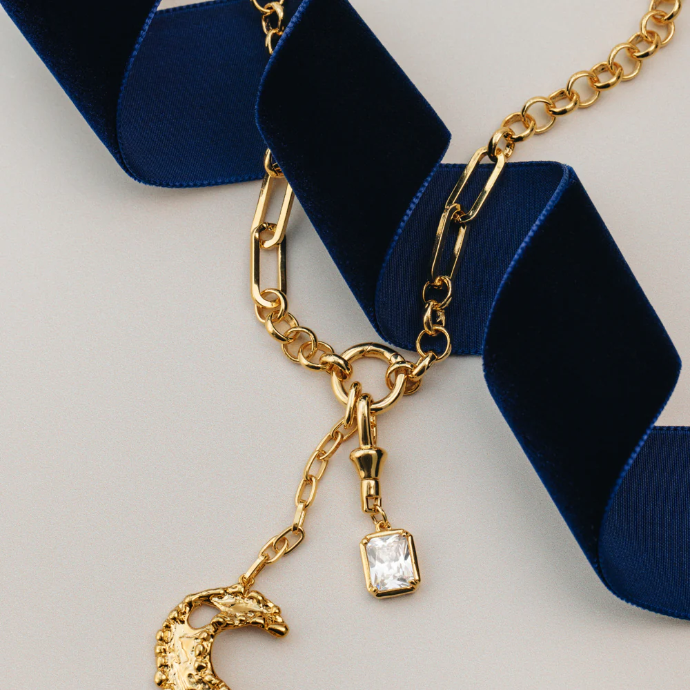 Statement Molten Moon & Crystal Charm Lariat Necklace - Image 3