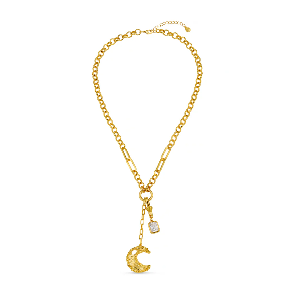 Statement Molten Moon & Crystal Charm Lariat Necklace - Image 4