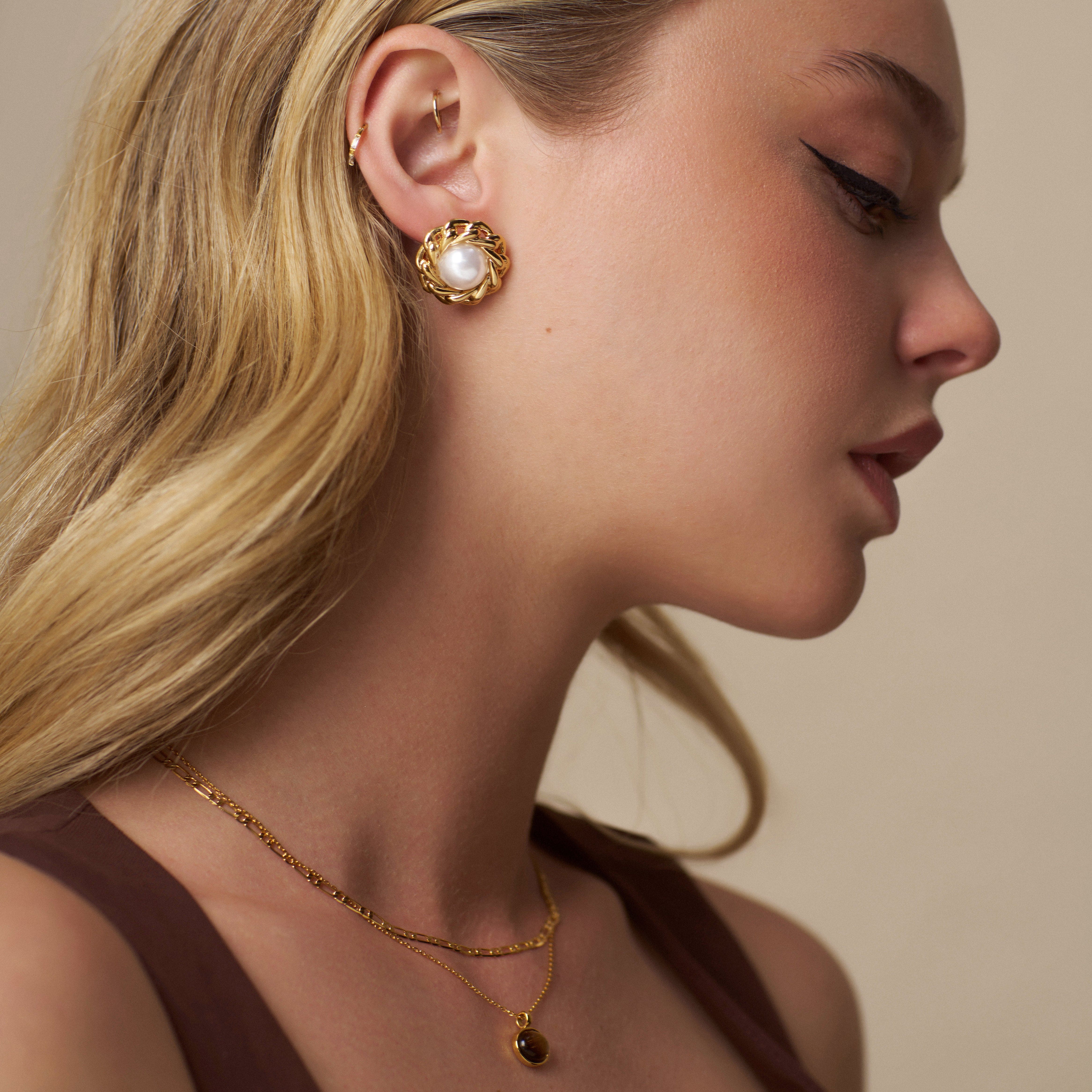 Statement Pearl & Chain Stud Earrings - Image 2
