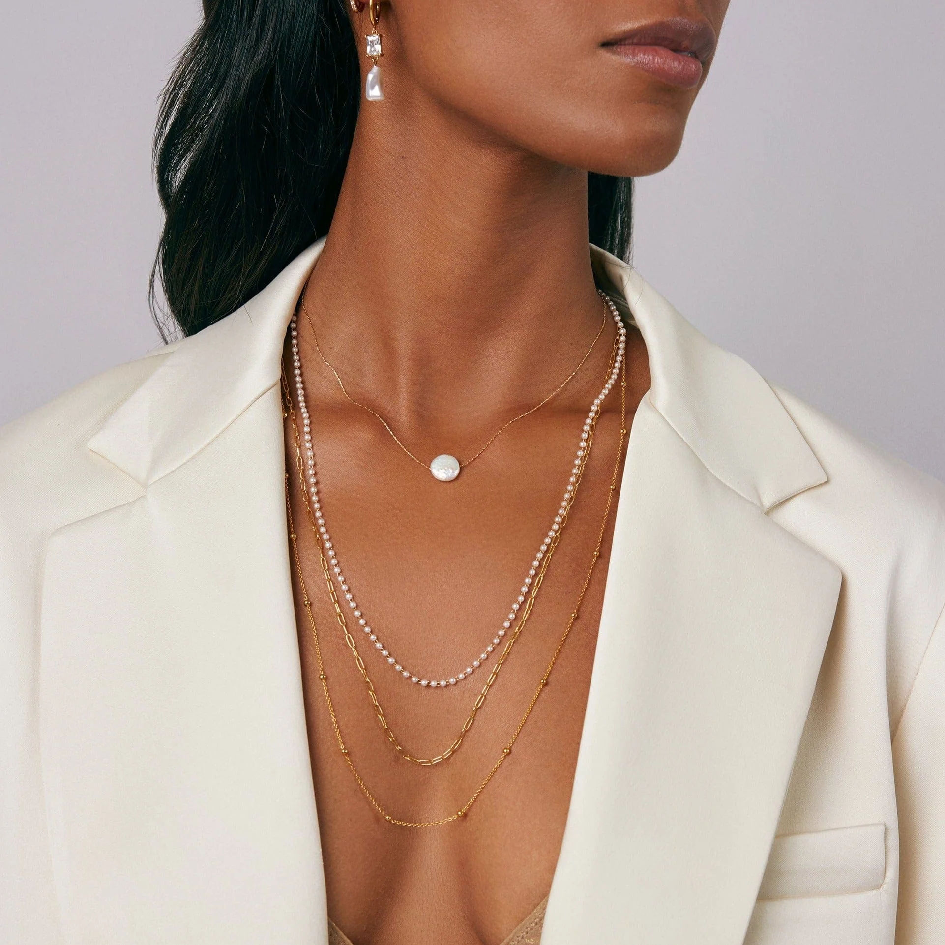 Stationed Flat Pearl Collar Necklace - Gold - Image 4